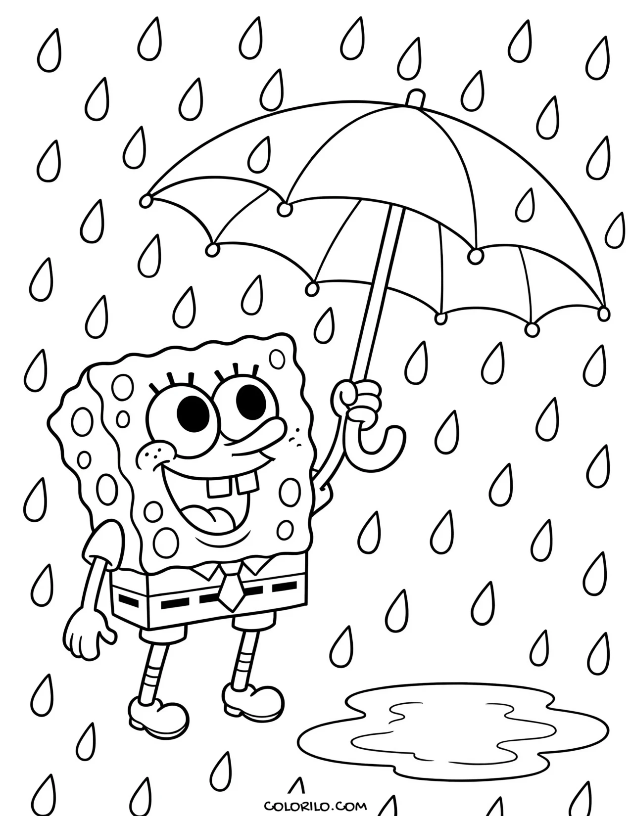 spongebob holding an umbrella in the rain coloring page