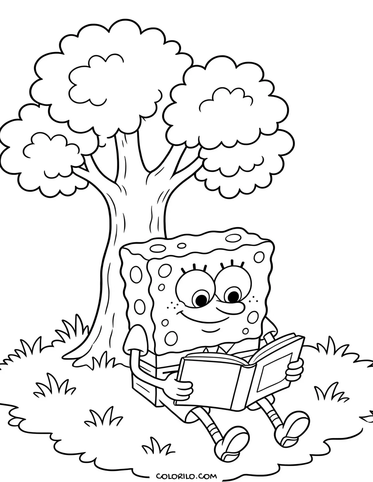 spongebob reading a book under a tree coloring page