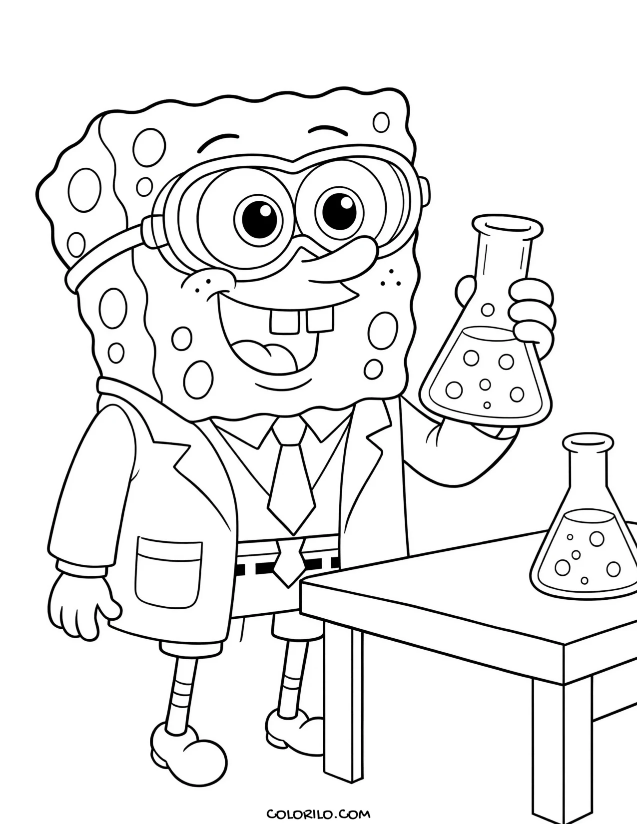 spongebob in a lab coat with test tubes coloring page