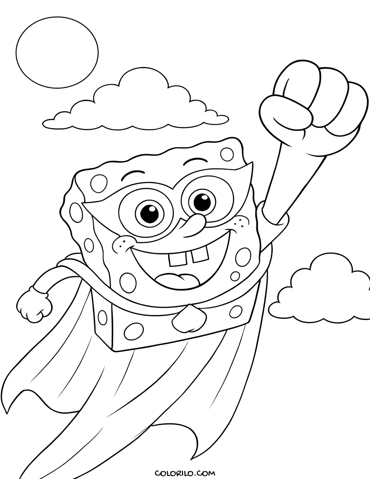 spongebob flying in a superhero cape coloring page