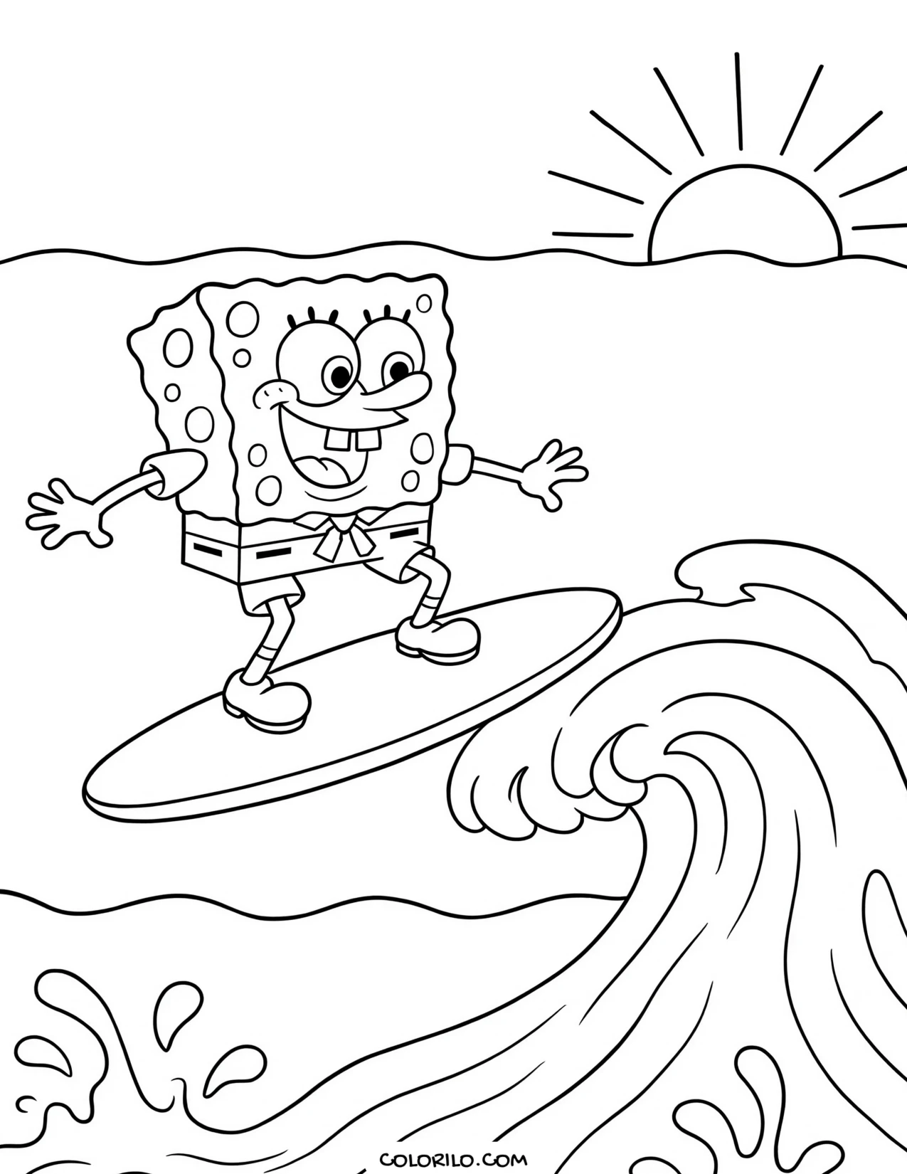 spongebob surfing on a wave coloring page