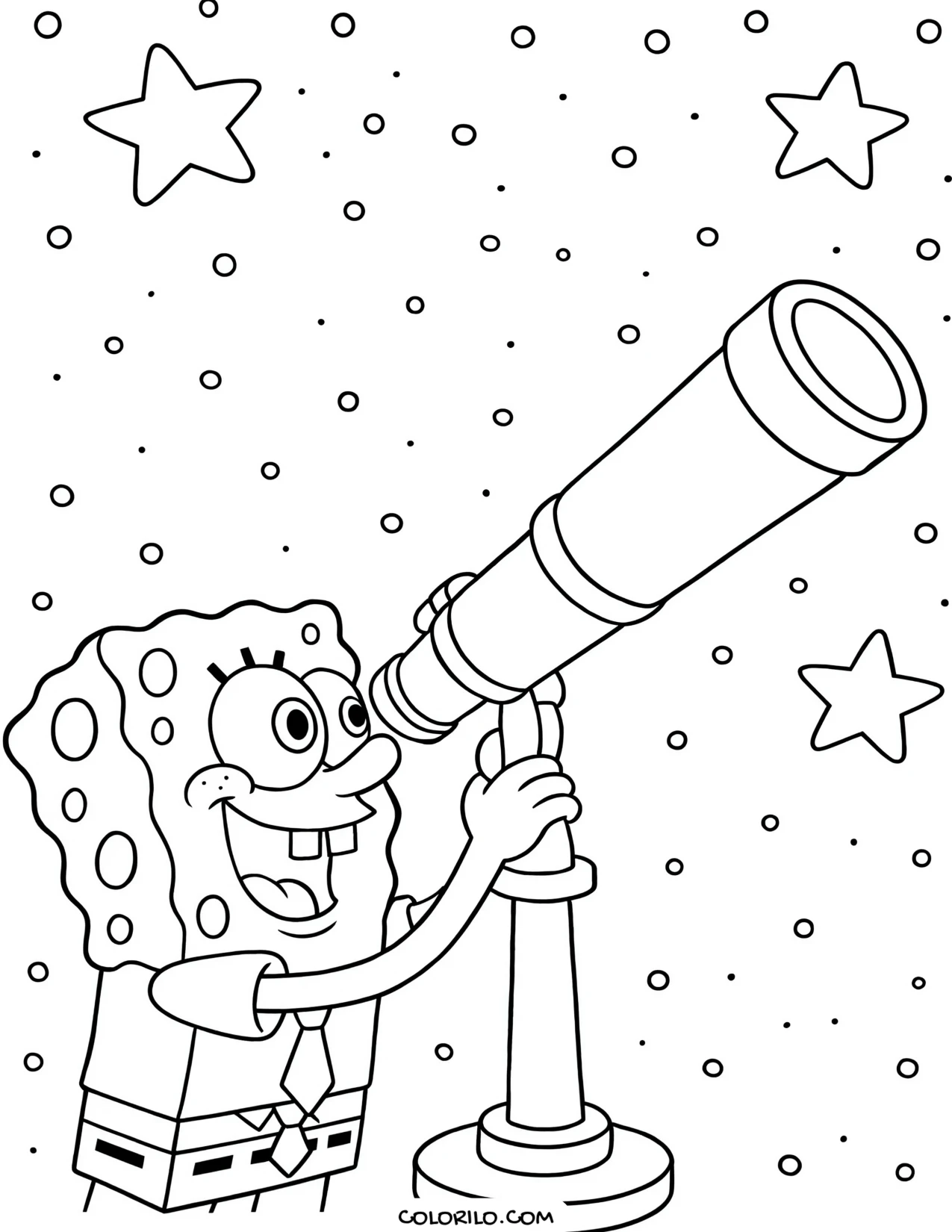 spongebob looking through a telescope at the stars coloring page
