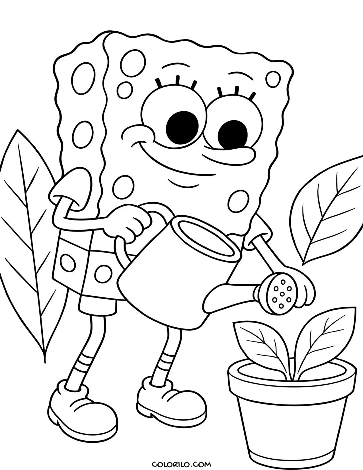 spongebob watering a potted plant coloring page