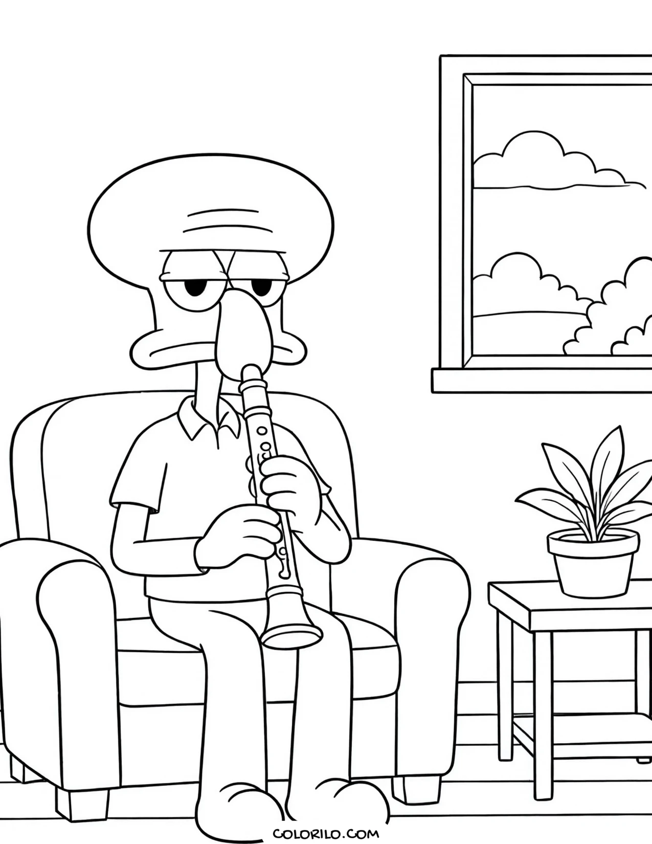 squidward playing his clarinet coloring page