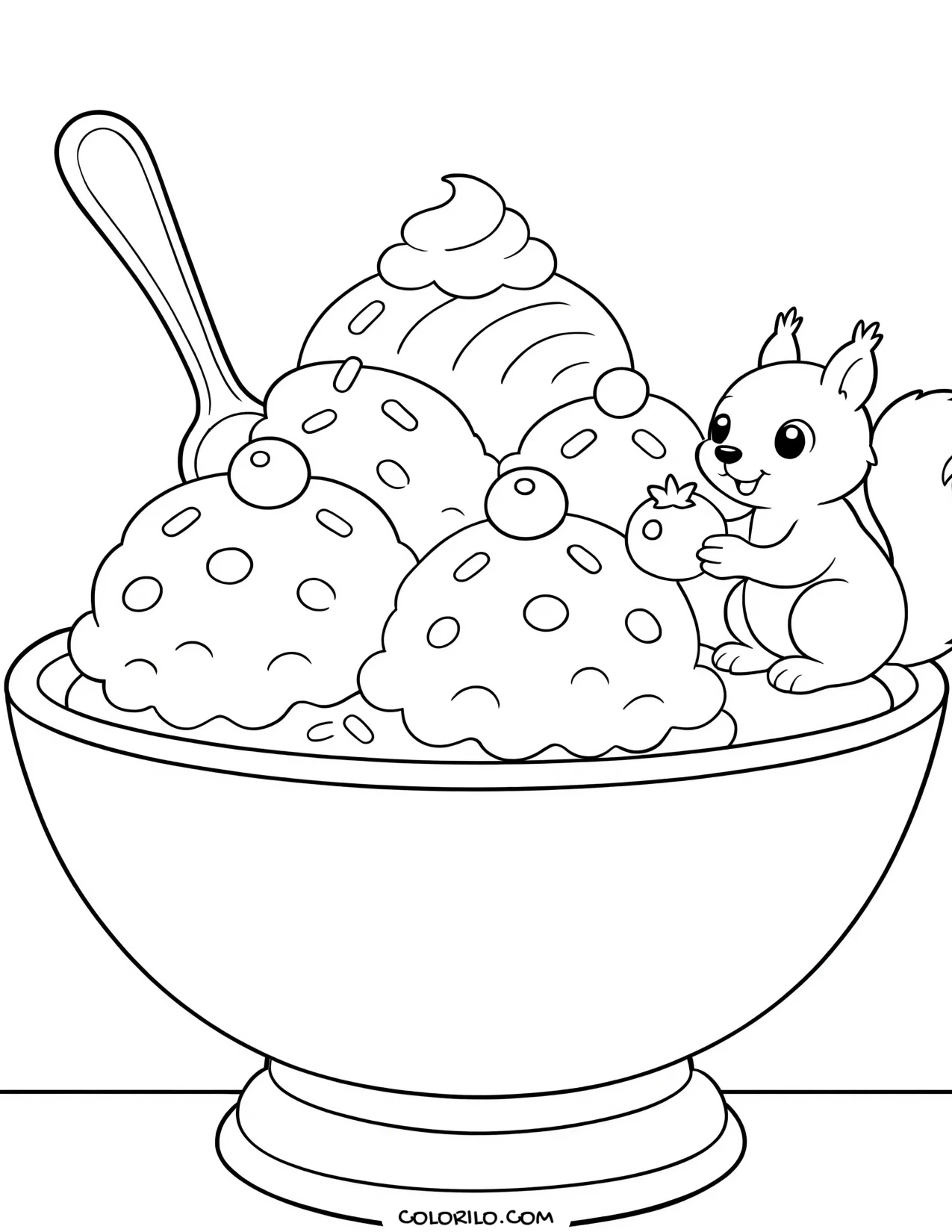 a squirrel eating from a bowl of ice cream coloring page