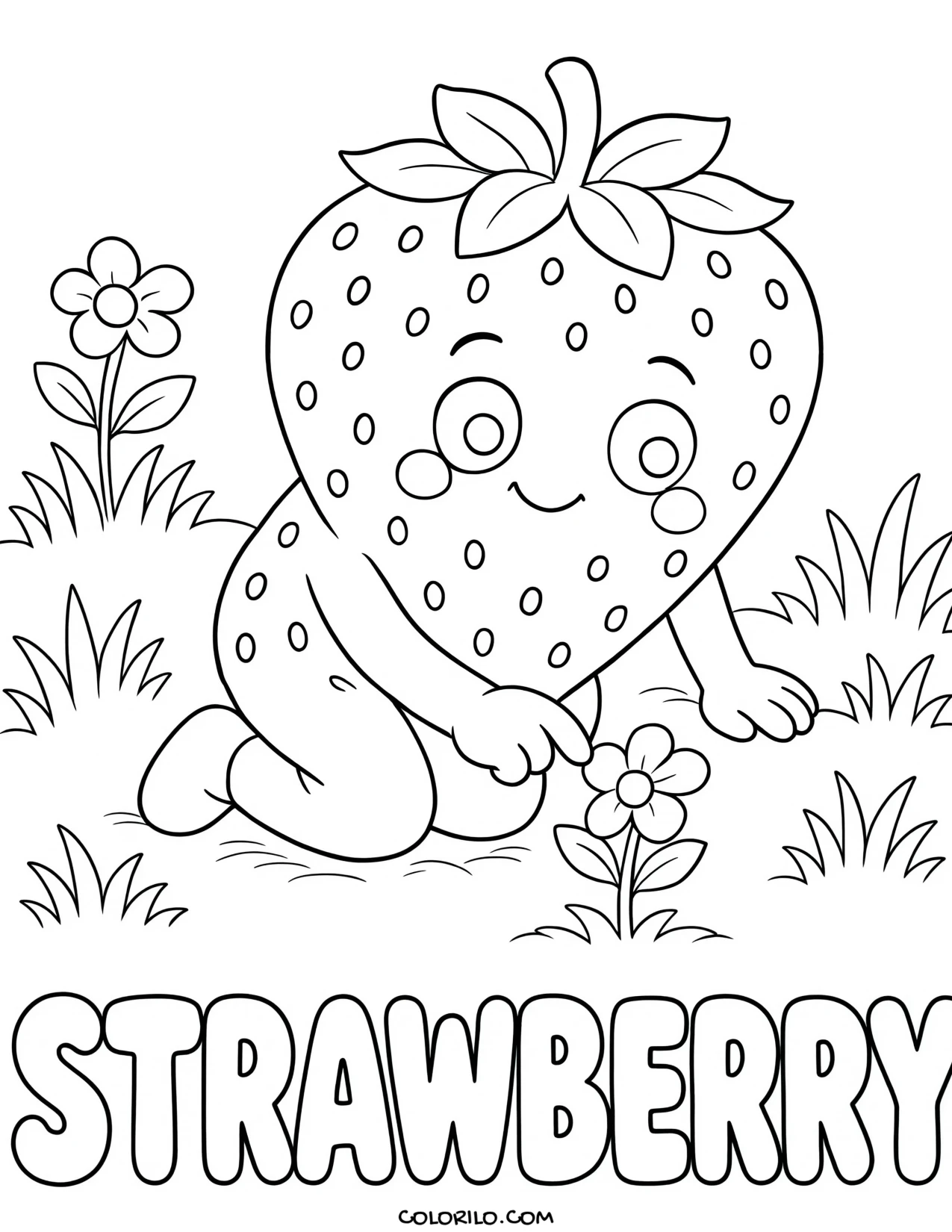a strawberry beside its white flower coloring page