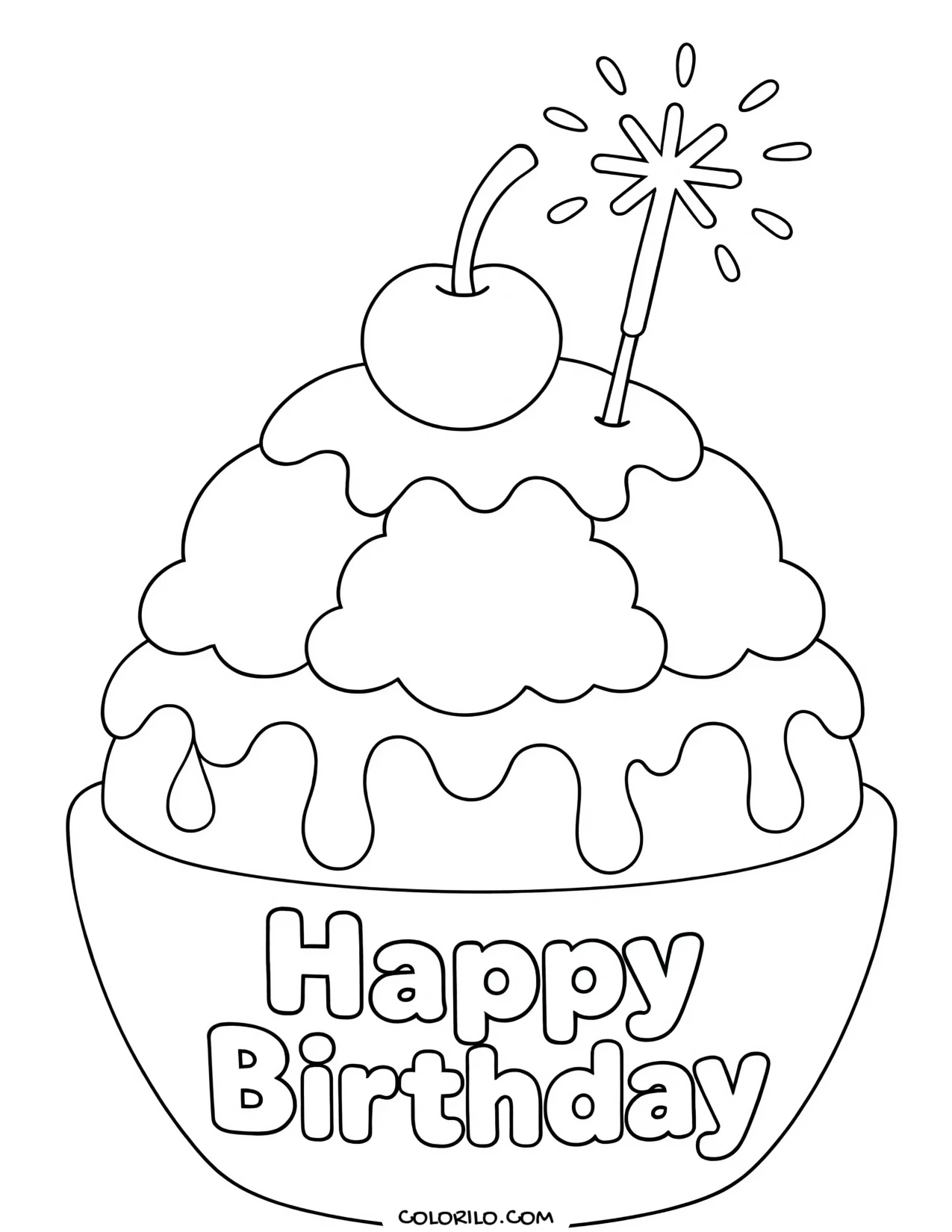 a birthday cake built like an ice cream sundae coloring page