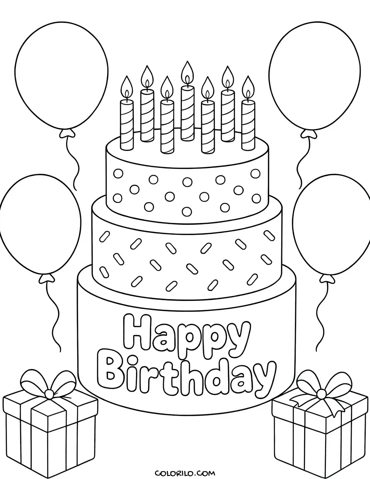 a three tier birthday cake with candles coloring page