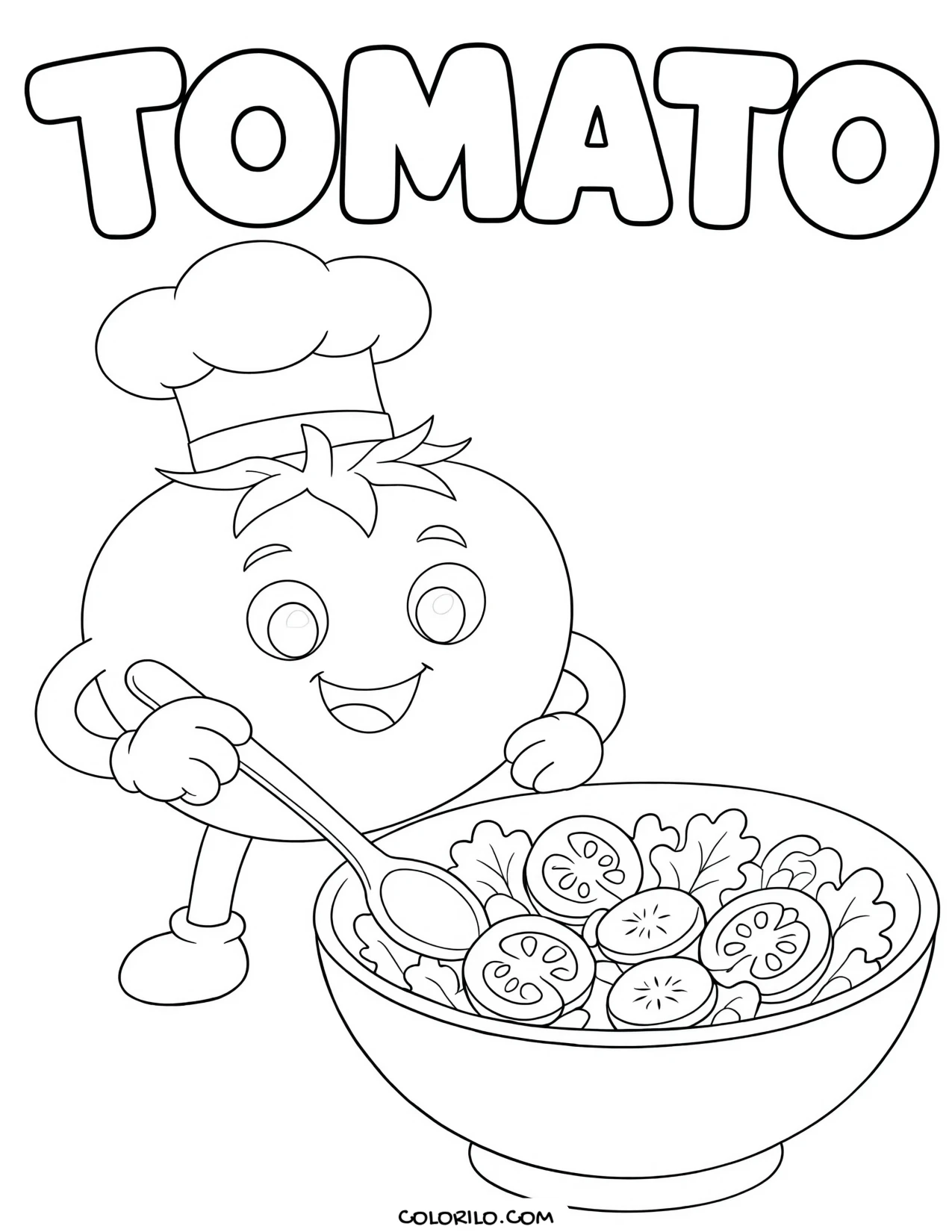 a tomato dressed as a chef coloring page