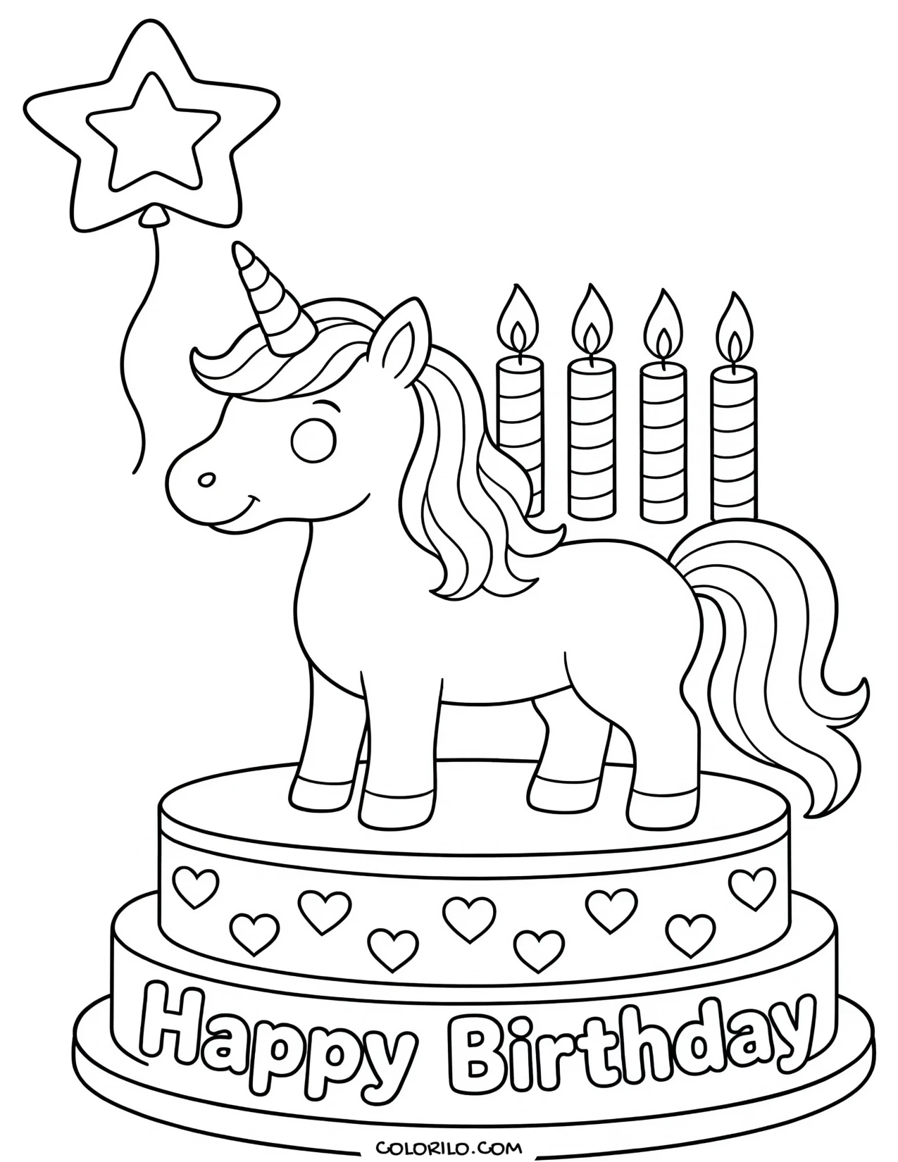 a unicorn birthday cake with a horn and mane coloring page