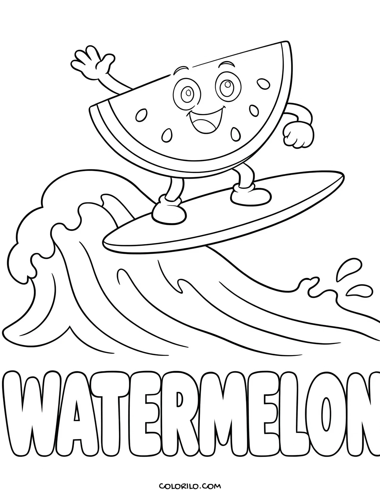 a watermelon slice riding a wave coloring page